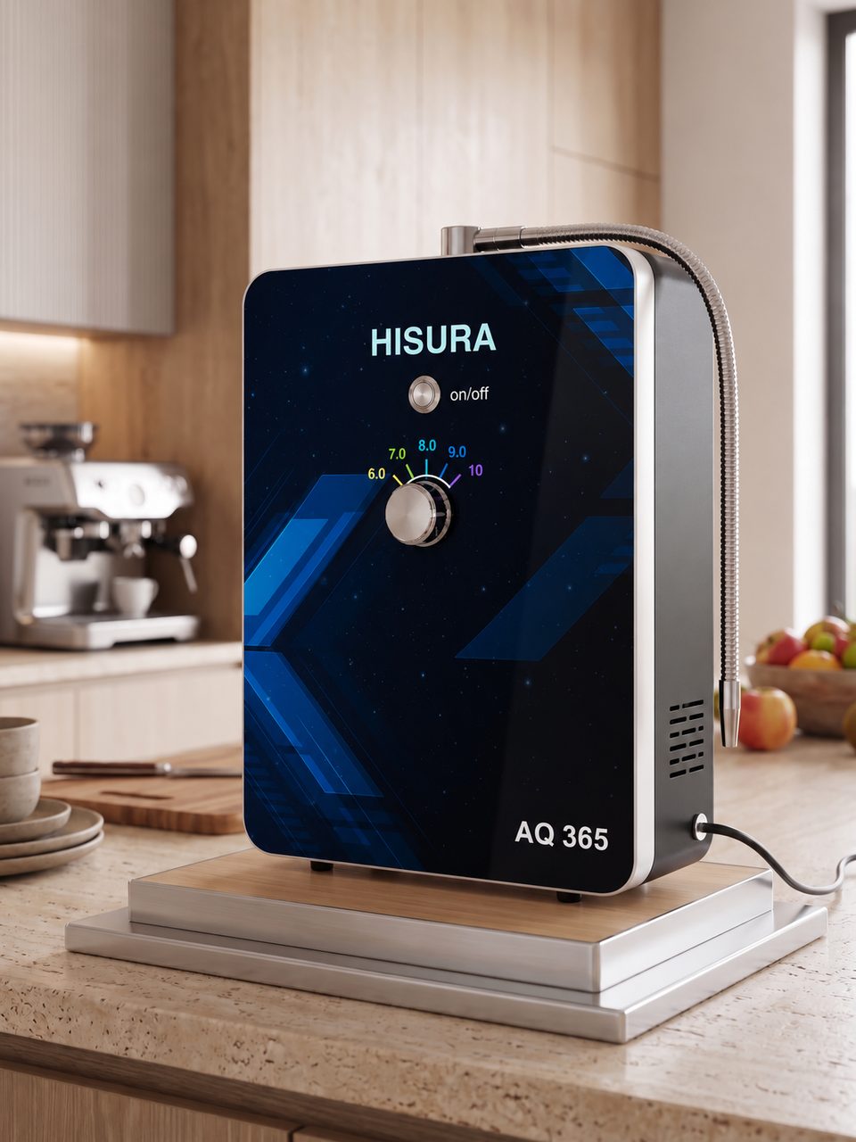 Máy HISURA AQ365 đặt trên đế gỗ trên mặt bếp đá, nhìn nghiêng, bên cạnh máy pha cà phê và giỏ trái cây