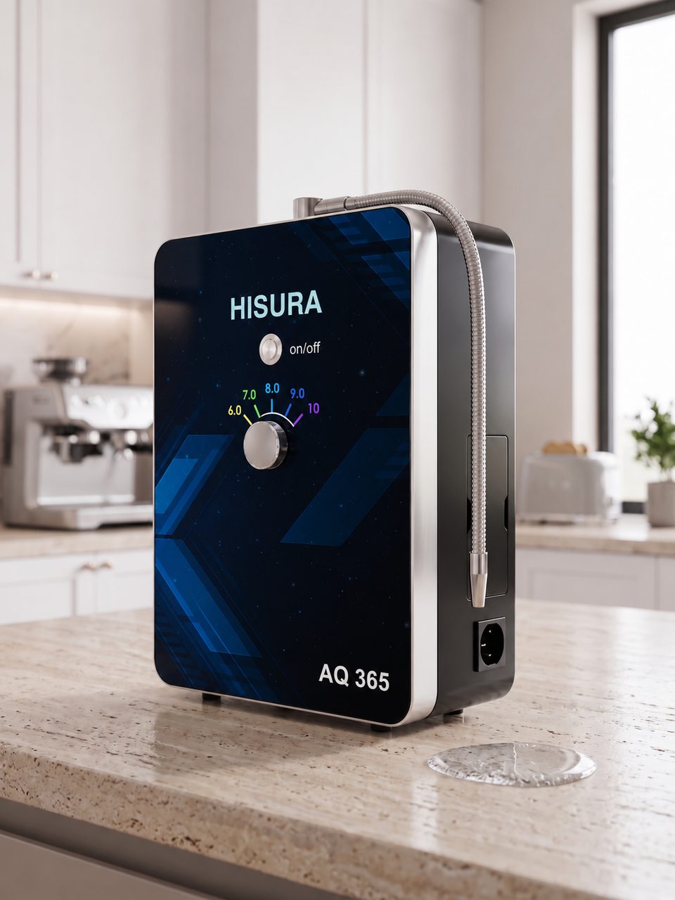 Máy HISURA AQ365 trên mặt bếp đá sáng màu, nhìn nghiêng