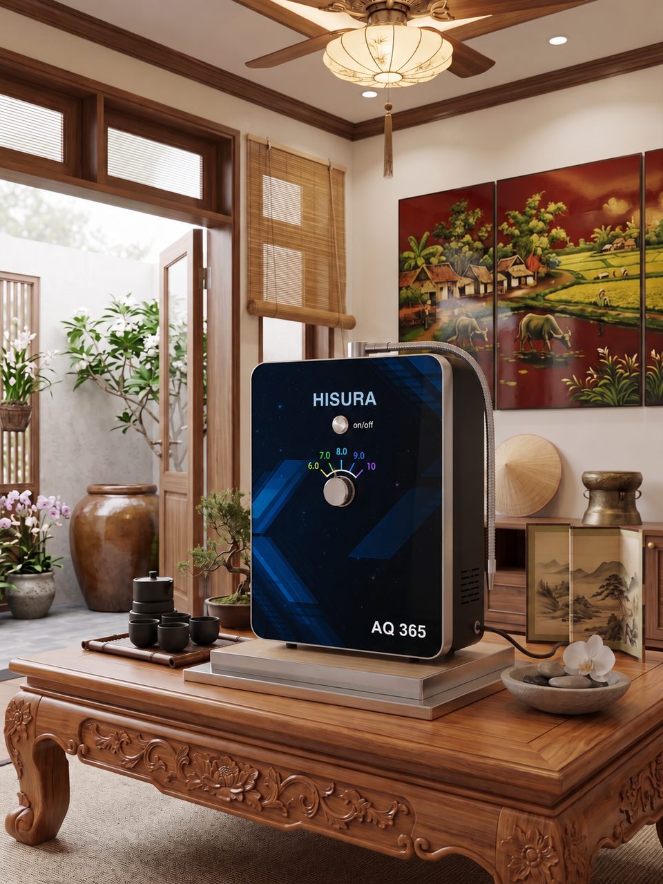 Máy HISURA AQ365 trên bàn gỗ chạm khắc trong phòng khách kiểu Việt, cạnh bộ ấm chén