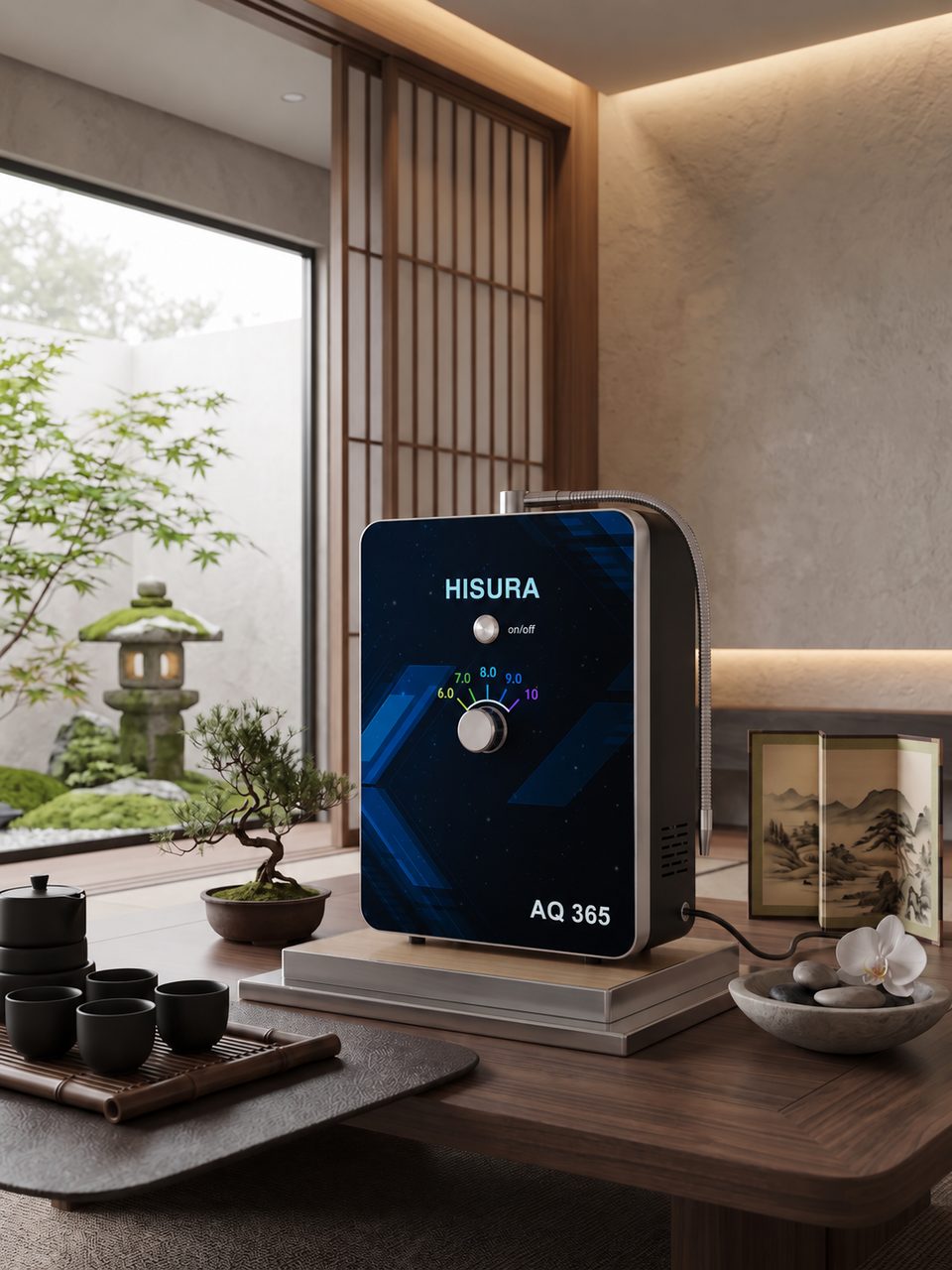 Máy HISURA AQ365 trên bàn gỗ thấp trong phòng trà phong cách Nhật, nhìn ra vườn